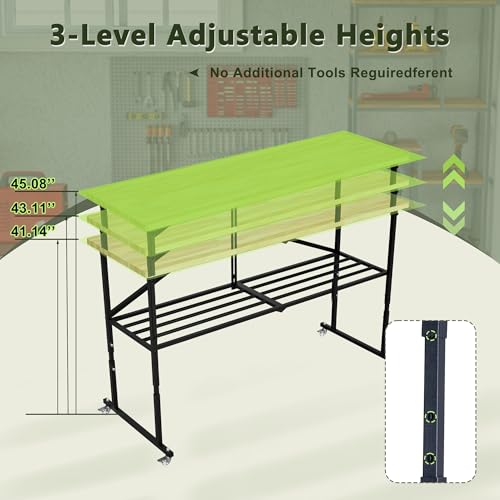 Mulinsonfly 68" Folding Workbench with 1.5" Hardwood Butcher Block Top, Heavy Duty 2000 LBS Garage Work Table with Locking Wheels, Adjustable Height Woodworking Bench for Shop, Office, Crafting Mulinsonfly