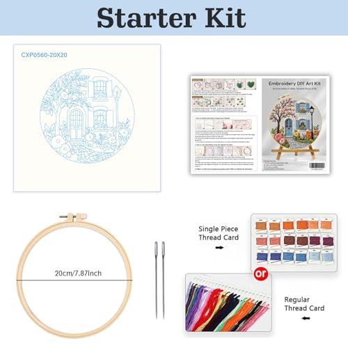 Country cottage with Flowers Embroidery Kits,Adults DIY Handmade Hand Embroidery Starter Kits with Stamped Embroidery Pattern,for Beginners Starter Lover Hand Stitch with Embroidery Skill Techniques