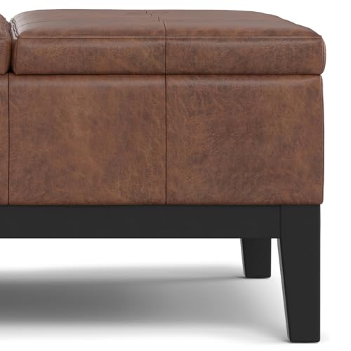 SIMPLIHOME Dover 36 inch Wide Contemporary Square Lift Top Coffee Table Storage Ottoman in Distressed Saddle Brown Vegan Faux Leather, Assembled, for The Living Room, Entryway and Family Room SIMPLIHOME