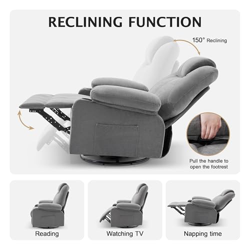 Weture Swivel Rocker Recliner Chair with Heat and Massage, 360 Degree Swivel Recliner Chair with Cup Holders and USB Port, Big Oversized Rocking Single Sofa for Living Room (Fabric, Cloud Grey)