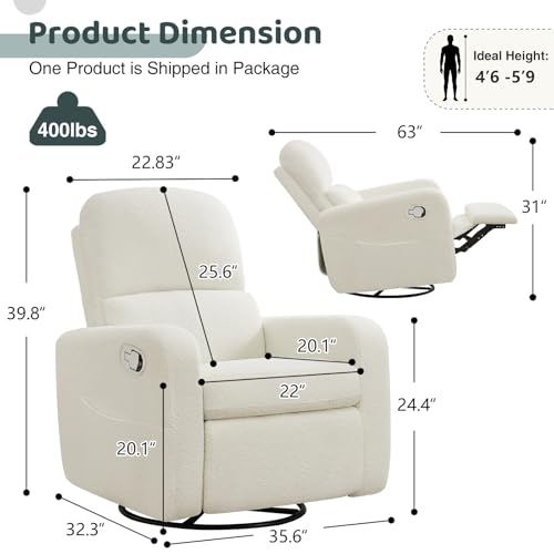 AEMEIOS Swivel Rocker Recliner, Oversized Boucle Glider Recliner Nursery, Manual Swivel Rocking Reclining Chairs with Removable Cushion and Lumbar Support for Nursery Living Room Bedroom, Teddy White