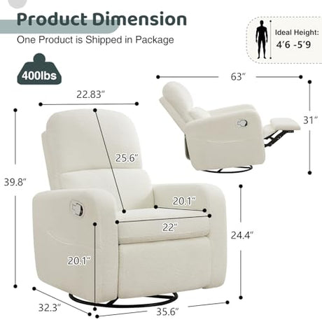 AEMEIOS Swivel Rocker Recliner, Oversized Boucle Glider Recliner Nursery, Manual Swivel Rocking Reclining Chairs with Removable Cushion and Lumbar Support for Nursery Living Room Bedroom, Teddy White AEMEIOS