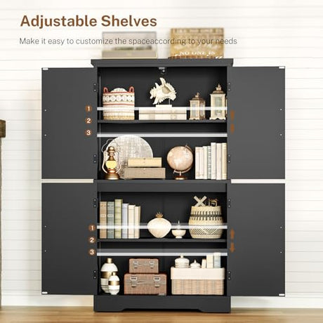 TEENFON Farmhouse Storage Cabinet with 2 Adjustable Shelves, Kitchen Cabinet with 4 Doors, Cupboard for Kitchen, Living Room, Black TEENFON