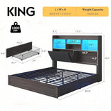 LUXOAK King Farmhouse Bed Frame with Bookcase Headboard and 4 Drawers, LED Storage Bed with Charging Station & Linen Upholstered, No Box Spring Needed,Black LUXOAK