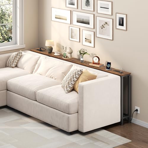 HOOBRO 39.4 Inch Narrow Console Table with Power Outlets, 5.9 Inch Sofa Table with Storage, Skinny Behind Couch Table, for Entryway Hallway, Small Spaces, Rustic Brown and Black BF52UXG01G1 HOOBRO