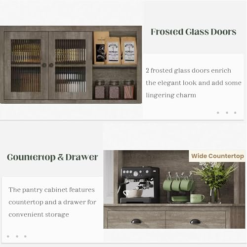 GarveeHome Pantry Cabinet with Drawers and Adjustable Shelves, 71" Tall Freestanding Kitchen Cabinet with Microwave Stand, Kitchen Hutch for Dining Room, Rustic Grey GarveeHome