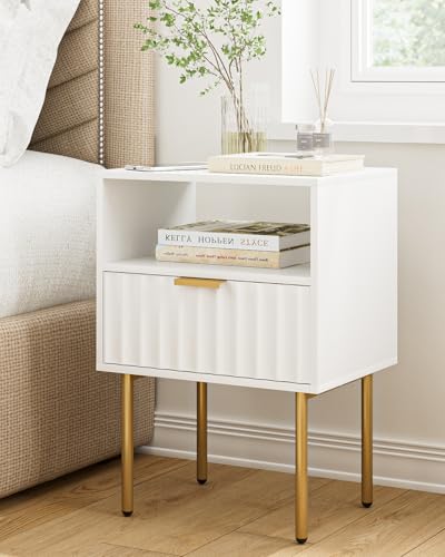 AEPOALUA Night Stand,Modern Bedside Table with Drawer and Shelf,White Night Stand with Gold Frame,Small Side Table for Bedroom,Living Room