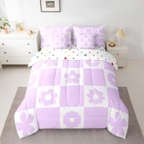 Feelyou Cute Flowers Checked Comforter Set Full 7 PCS Purple White Plaid Bedding Set for Kids Boys Girls Geometric Bed in a Bag with Comforter, Sheets, Pillowcases, Cushion Covers Bedroom Decor Feelyou