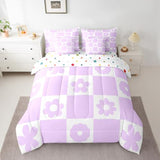 Feelyou Cute Flowers Checked Comforter Set Full 7 PCS Purple White Plaid Bedding Set for Kids Boys Girls Geometric Bed in a Bag with Comforter, Sheets, Pillowcases, Cushion Covers Bedroom Decor Feelyou