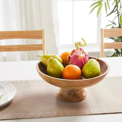 VHC Brands Ribbed Natural Wooden Fruit Bowl 5.5x12x12, Kitchen Decor, Decorative Wooden Pedestal Bowl, Perfect Centerpiece for Table, Island, or Counter - WoodArtSupply