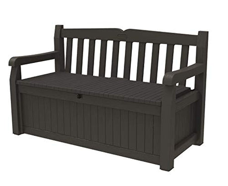 Keter Solana 70 Gallon Storage Bench Deck Box for Patio Furniture, Front Porch Decor and Outdoor Seating – Perfect to Store Garden Tools and Pool Toys, Brown/Brown Keter