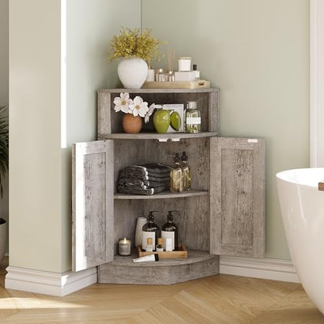 Vabches Corner Storage Cabinet, Farmhouse Small Floor Corner Cabinet with Barn Door and Adjustable Shelf, Narrow Cabinet Organizer for Bathroom,Pantry, Living Room, Kitchen, Grey Vabches