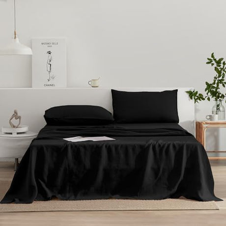 EVERLY Linen Sheets Set Queen Size,100% French Stonewash Pure Linen Sheets Set,4Pieces (1Flat Sheet,1Fitted Sheet,2Pillowcase) Suitable for Hot Sleepers,Deep Pocket Natural Bedding Set-Black EVERLY