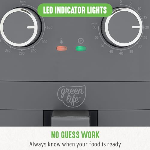 GreenLife 4.5QT Mechanical Air Fryer, PFAS-Free Ceramic Nonstick Crisper Drawer, Adjustable Temperature Timer Dial, LED Indicator, Holiday Gifting, Dishwasher Safe, Compact Kitchen Essential, Graphite GreenLife