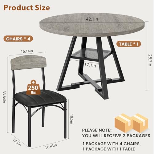Round Dining Table Set for 4, Kitchen Table and Chairs for 4, Circle Table Round Pedestal Dining Room Dinner Dinette Table Set,5 Piece Space Saving Wood Kitchen & Dining Room Tables (Grey, 42In) Jocoevol