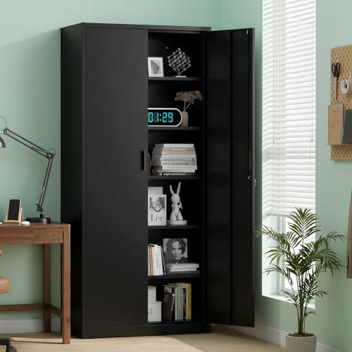 VINGLI Metal Garage Storage Cabinet with 2 Doors and 5 Adjustable Shelves, 71" Tall Steel Lockable File Cabinet, Locking Tool Cabinets for Home Office Garage Gym School (Black) VINGLI