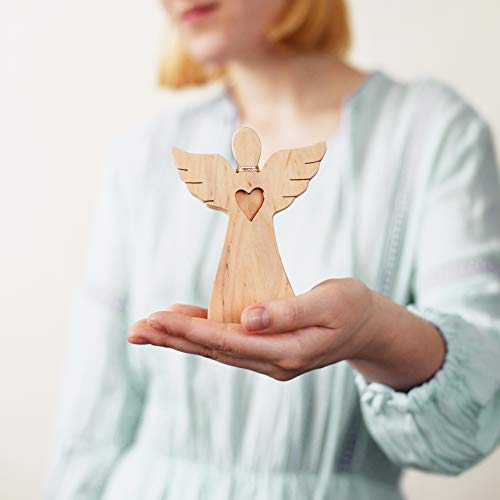 Forest Decor Wooden Guardian Angel Figurines for Love Peace Inspiration - Remembrance Angel Collectible Statue - Christmas Wood Angel Decor with Loving Heart - Rustic Angel Gift in Memory of  - WoodArtSupply