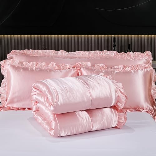 Satin Queen Comforter Set Silk Like Satin Bedding Set Hotel Soft Polyester Pink Bed Set Luxury Silky Pillow Cover with Quilt Set Ruffle Down Comforter Home Decor Bedding_Dreamer