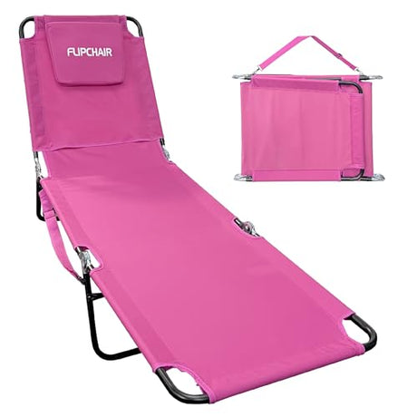 EASYGO PRODUCTS Lawn Chair Chaise Lounge 2 Legs Support Polyester Material Reclining Backrest Head Rest Pillow Great for Beach, Home, Backyard, Outdoor, Patio, Pool, Camping, Lawn or Deck Color Pink EASYGO PRODUCTS
