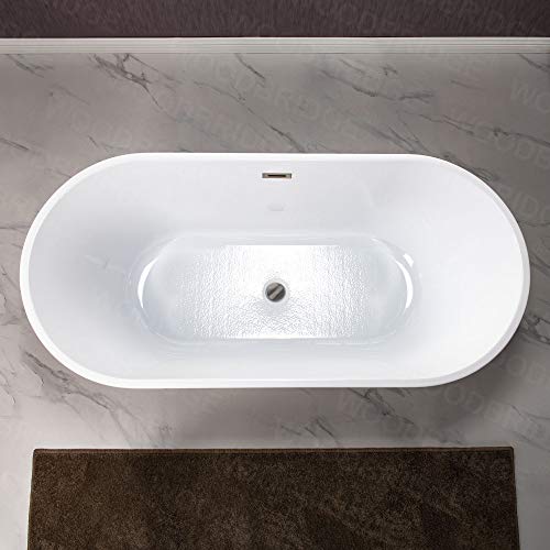 WOODBRIDGE 67" Acrylic Freestanding Bathtub Contemporary Soaking White Tub with Brushed Nickel Overflow and Drain，B0013-BN WOODBRIDGE