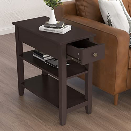 ChooChoo Side Table Living Room, Narrow End Table with Drawer and Shelf, 3-Tier Sofa End Table for Small Space, Espresso ChooChoo