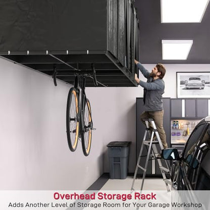 L Shaped Overhead Storage Rack with Stable Oxford Cover, Height Adjustable Garage Storage Organization System, Heavy Duty Reversible Garage Ceiling Storage Rack for Garage, Warehouse, Load 700LBS