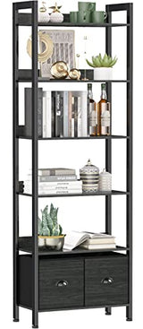 Furologee 6-Tier Industrial Bookshelf with 2 Drawers - Black Oak Tall Bookcase for Home Office and Bedroom Furologee