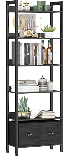 Furologee 6-Tier Industrial Bookshelf with 2 Drawers - Black Oak Tall Bookcase for Home Office and Bedroom Furologee