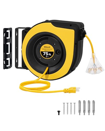 WILAWELS Retractable Extension Cord Reel, 75 FT Heavy Duty Cord Reel, 14AWG/3C SJTOW, 3 Grounded Outlets Lighted Triple Tap, 10A Circuit Breaker, Wall/Ceiling Mounted, UL Listed, Yellow Y75CR06 WILAWELS