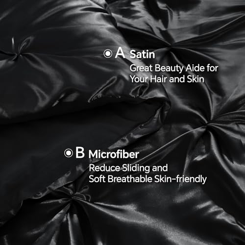 BEDELITE Satin Comforter Set Queen Size, 7 Pieces Luxury Pintuck Bed in A Bag with Comforter, Flat Sheet, Fitted Sheet, Pillowcases, Shams, Soft Cozy Similar to Silk Bed Set for All Seasons (Black) BEDELITE