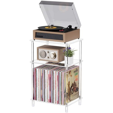 Bekugee Clear Acrylic Record Player Stand with Vinyl Storage, 15.75" L x 11.81" W x 24.5" H, 3 Tier Small Side Turntable Table with Album Shelf, Modern Bedside End Table for Living Room, Bedroom Bekugee