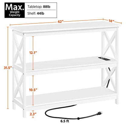 Yaheetech Entryway Table with Storage Shelves, Console Table with Power Outlets and USB Ports, Wood Narrow Sofa Table with X-Shaped Design for Living Room/Hallway/Couch, White - WoodArtSupply