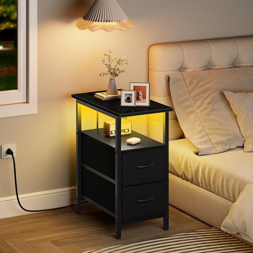 Vagusicc Set of 2 Black Nightstand with Charging Station and LED Lights, Narrow Side Table, LED Night Stand with 2 Fabric Drawers, Bedside Table Small End Table, Tall Nightstand for Bedroom, Black Vagusicc