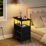 Vagusicc Set of 2 Black Nightstand with Charging Station and LED Lights, Narrow Side Table, LED Night Stand with 2 Fabric Drawers, Bedside Table Small End Table, Tall Nightstand for Bedroom, Black Vagusicc