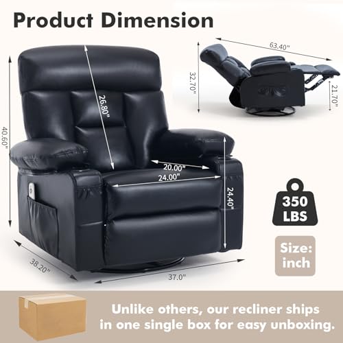 Comermax Rocker Recliner Chair with Heat and Massage, Wide Seat Heated Massaging Reclining Chair, Faux Leather Manual Swivel Rocking Recliners with Cup Holder, Black