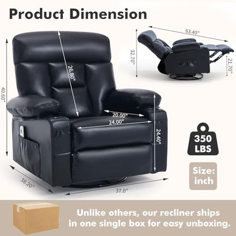 Comermax Rocker Recliner Chair with Heat and Massage, Wide Seat Heated Massaging Reclining Chair, Faux Leather Manual Swivel Rocking Recliners with Cup Holder, Black Comermax