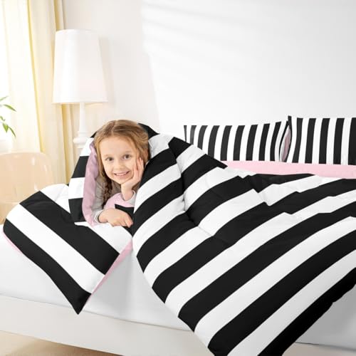 Erosebridal Black and White Striped Twin Comforter Set (Pink Reversible) | Striped Bedding Set Pink and Black Comforter Sets for Kids Teens Adults Cute Pinstripe Girls Bed Quilt Sets Erosebridal
