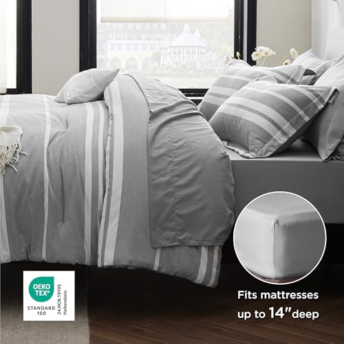 Bedsure Full Comforter Set 7 Pieces, Grey Striped Bedding Set for All Seasons, Reversible, Cationic Dyeing Bed in a Bag with Comforter, Sheets, Pillowcases & Shams Bedsure