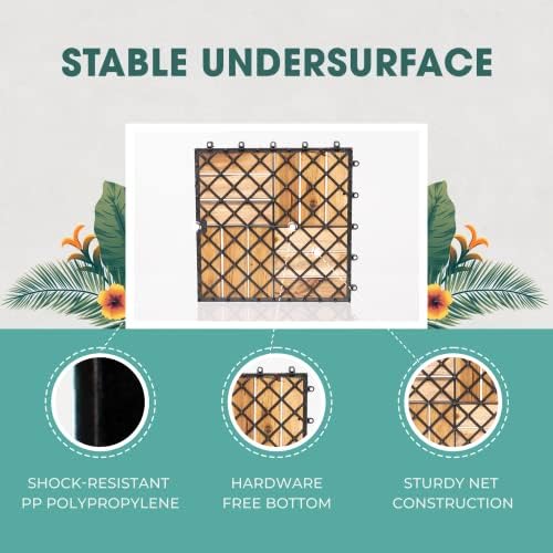 Idzo Interlocking Deck Tiles - 10PCS Waterproof Acacia Wood Patio Tiles, Floor Tiles for Balcony, Backyard, Indoor and Outdoor use - Decking Checker Pattern, 12 x 12 x 0.9 Inches, Golden Teak IDZO