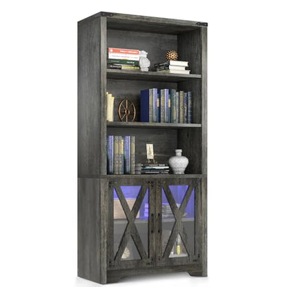 YITAHOME Bookcase with Doors&LED Light,Farmhouse Bookshelf with Storage Cabinet, Wooden Bookshelves for Living Room/Bedroom/Dining