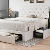 VECELO Queen Size Bed Frame with 3 Storage Drawers, Leather Upholstered with Diamond Tufted Headboard, Solid Wood Slat Support & Steel Framework, PU & White VECELO