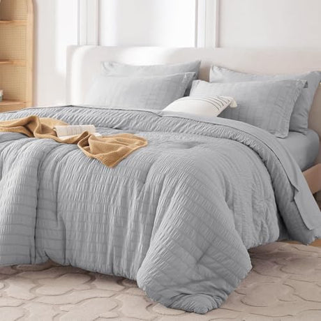 MUXHOMO 7 Pieces Queen Comforter Set, Seersucker Bed in a Bag Queen Size, All Season Luxury Bedding Set with Comforter, Flat Sheet, Fitted Sheet, Pillowcases & Shams, Light Grey MUXHOMO