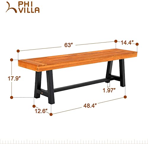 PHI VILLA 63" Acacia Wood Backless Picnic Bench Set – Durable Outdoor Dining Benches for 6 People, Classic Brown and Black - WoodArtSupply