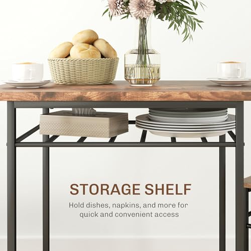 HOMCOM 3-Piece Dining Table Set for 2, Small Kitchen Table and Chairs with Built-in Storage Rack and Steel Frame, for Breakfast Nook and Small Space, Rustic Brown HOMCOM