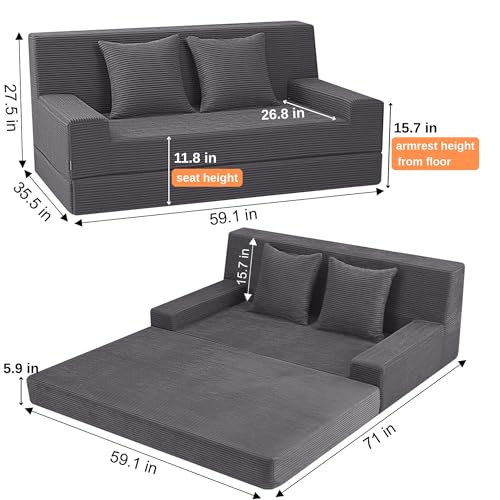 MeMoreCool Folding Futon Couch Queen – Boneless Corduroy Sofa Bed, Convertible Foam Floor Lounger with Pillow & Washable Cover, Foldable Sleeper for Living Room, Bedroom, Guest Space MeMoreCool