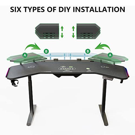 JWX Standing Gaming Desk with Aluminum Alloy Led Lights, 72'' Wing Shaped Large Gaming Studio Music Desk with Slot Design Shelves, for Live Streamer, Social Media Influencer & Music Recording JWX