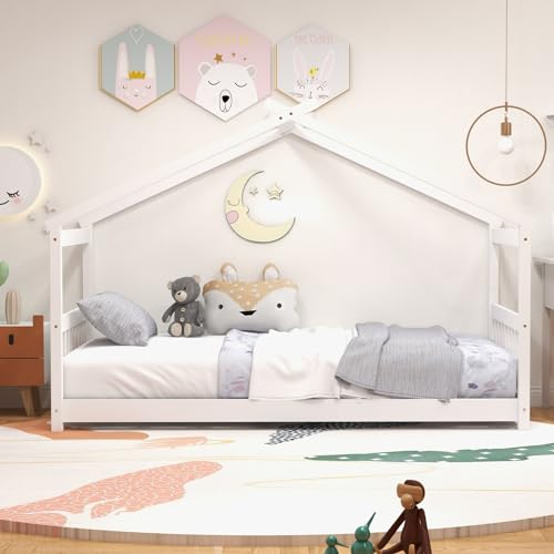 KOMFOTT Low Profile Twin House Bed Frame for Kids - Safe and Creative Wood Floor Bed with Roof and Headboard in White - WoodArtSupply