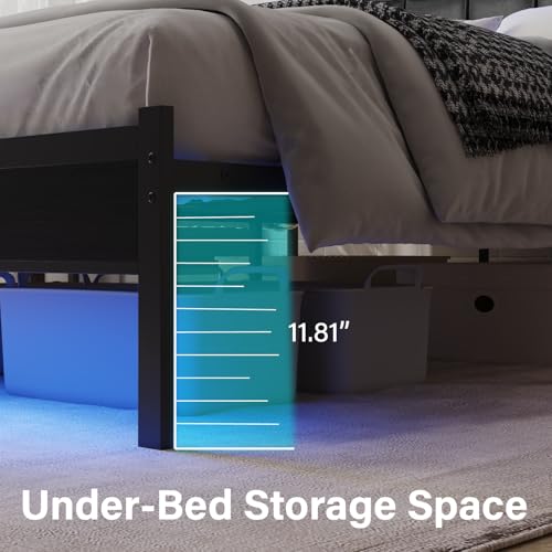 Full Size Bed Frame with Charging Station and LED Lights, Black Upholstered Headboard with 2-Tier Storage Shelves, Metal Bed Frame with Headboard, No Box Spring Needed, Easy Assembly,Black CollaredEagle
