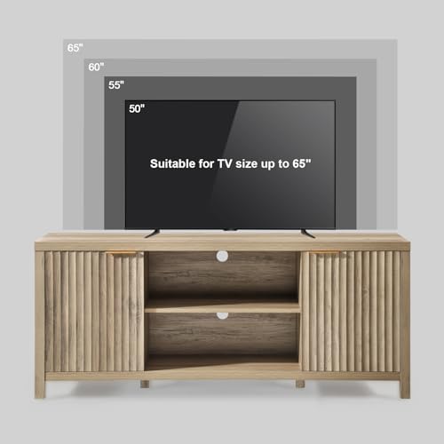 OAKHAM HOME Fluted TV Stands for Living Room, Heavy Duty Entertainment Center with Storage, Mid Century Modern Television Stands for 50/55/60/65 TV, Oxford Media TV Console (Sunwashed Ash Oak - WoodArtSupply