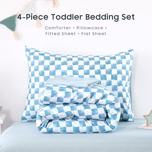 Wake In Cloud - Toddler Bedding Set for Boys Girls, Cute Gingham Grid Checkered, 4 Pieces Soft Crib Bed Set Including Comforter, Sheets and Pillowcase, Blue White Wake In Cloud